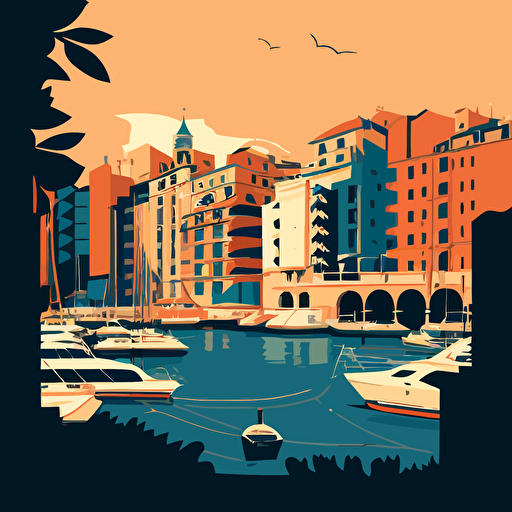 vector image of the Monaco harbour, using only orange and blue colours, simple cartoon style shading, very simple