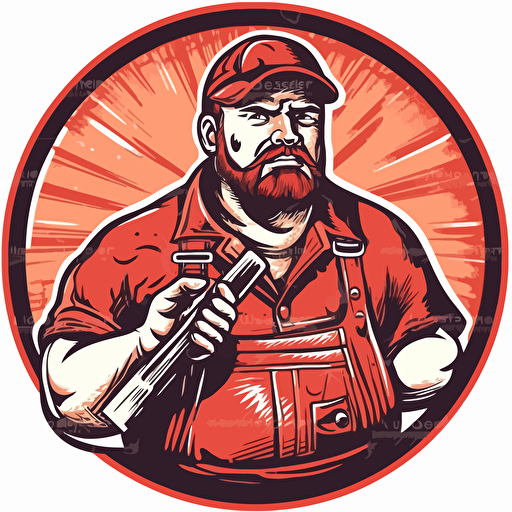 fat redneck car repairman, with grease on his face, holding a wrench, stadning in a car garage, red theme, vector art
