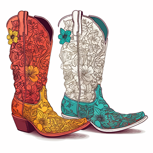 adorable brightly colored pair of cowboy boots with floral design on a white background + doodle style + white background + simple vector + bright colors