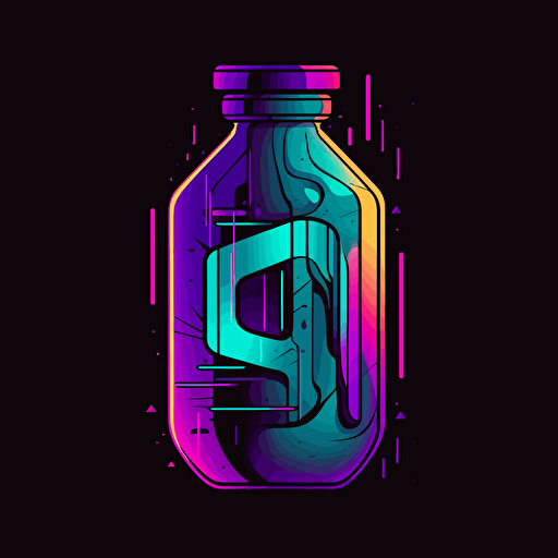 Logo with thin pure black outline, pure color bands, glitch matrix, Brian Eno, synthwave, cyberpunk inspired, white background, colorful, cel-shaded potion bottle in cyberpunk style, prop design, contour, vector art