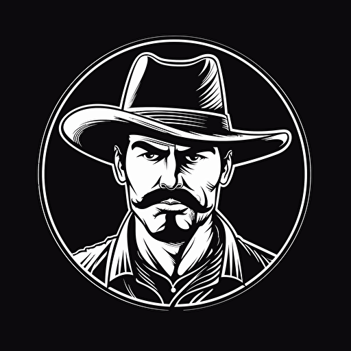 simple handsome cowboy, minimalism, vector art, black and white, flat, logo