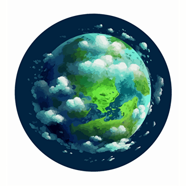 the world seen from space with clouds around it, green and blue planet, clouds are white, vector art, cartoon, background should be solid black