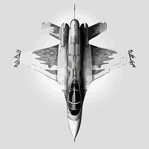 directly above plan view of a usaf F16 aircraft, black and white simple vector drawing, no grey no background low detail