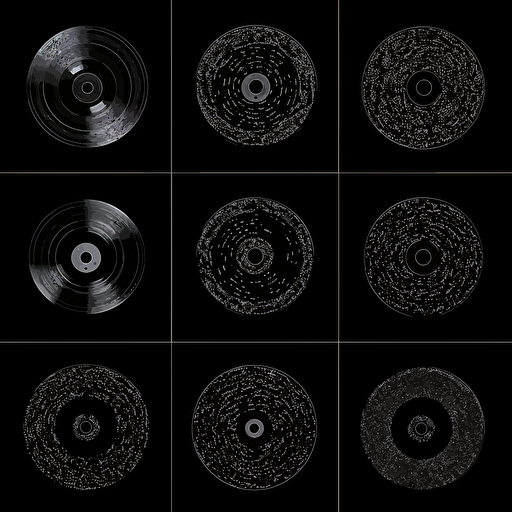 floating vinyl records made out of binary digita, insanely detailed, intricate, black background, AI, big data, flat vector art