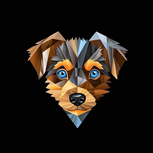 colorful origami tricolor Merle brown and grey puppy dog with one blue eye and one brown eye, vector art, black background