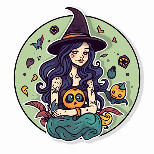 witchy, Sticker, Adorable, Cool Colors, Folk Art, Contour, Vector, White Background, Detailed
