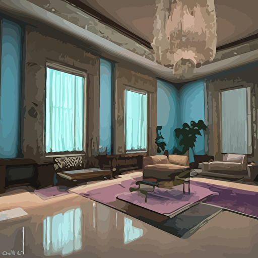 vaporwave living room liminal space high detail rendered unreal engine 3d render god rays volumetric lighting mansion interior large windows vegetation