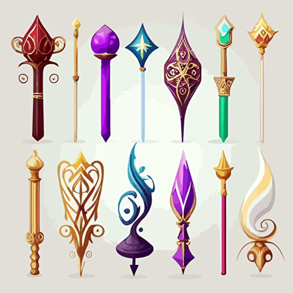 various magic staffs, colorful, detailed, clip art, vector, white backdrop