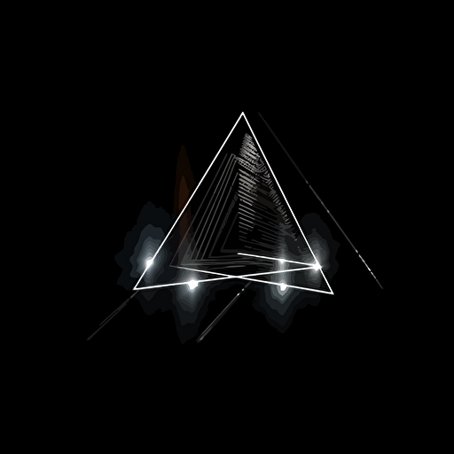 futuristic iconic logo of a triangular prism hit by a ray of light, white vector, on black background
