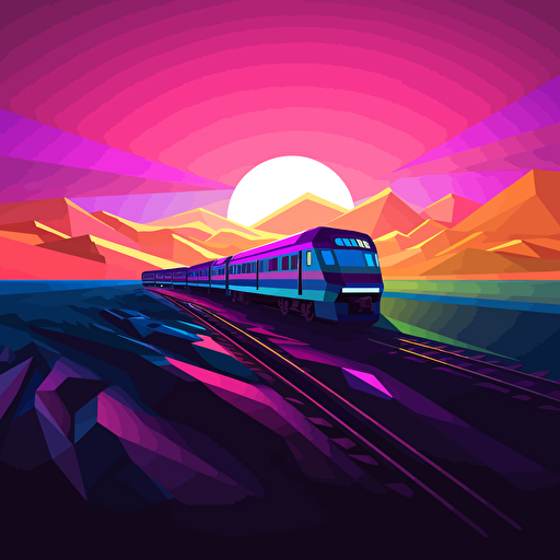 a train, flat landscape, digital art, vector, long shadow, 45 degree point of view, by Grant Riven Yun , synthwave colors