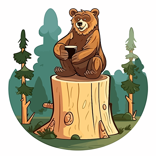 bear drinking coffee sitting on tree stump, cartoon style, vector logo