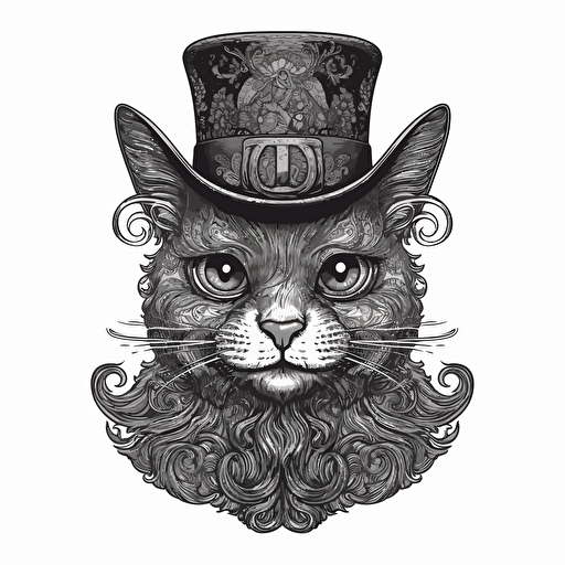 Hamilton Mortimer style illustration vector of horror cat, no color, no shading, black and white, white background