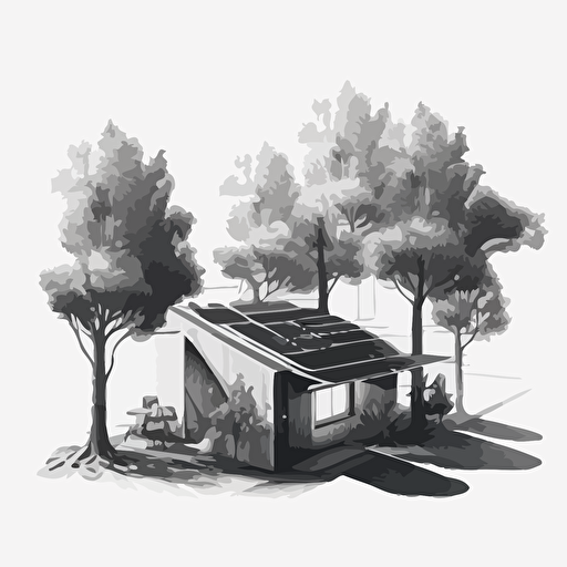 monochromatic vector image of a workshop with trees and photovoltaic panels on the roof, white background