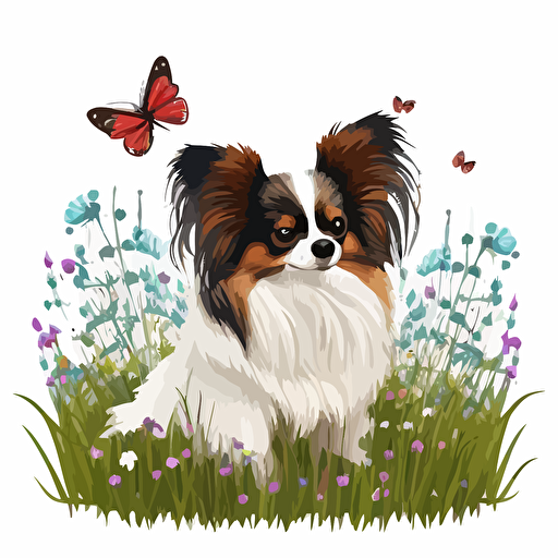 a papillon dog playing in a field of wildflowers, vector art logo, whimsical, white background