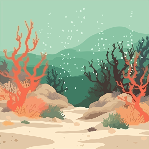 sandy ocean floor, colorful, coral and seaweed, vector clip-art style