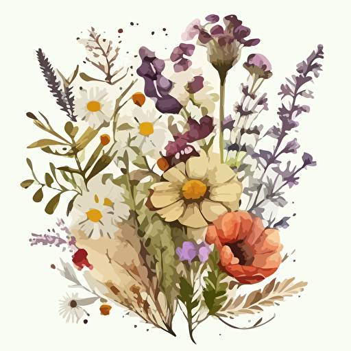 wildflowers, arrangement of many different flowers, watercolor, flat, vector