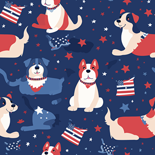 vector illustration of two dogs having fun, USA Flag Colors, 4th of July Theme