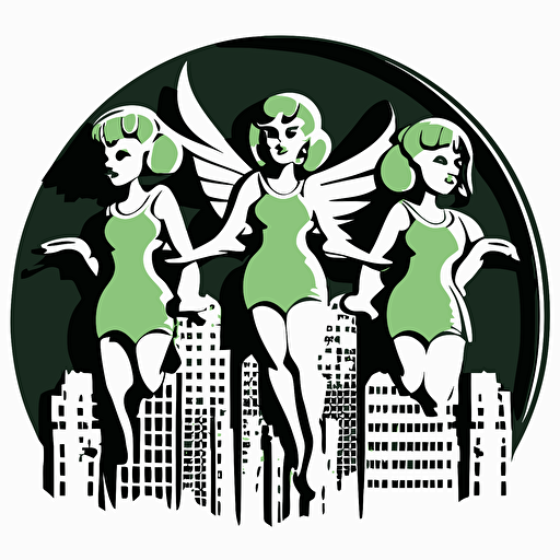 three pixies in the bad part of the city, vector logo, vector art, emblem, simple cartoon, 2d, no text, white background