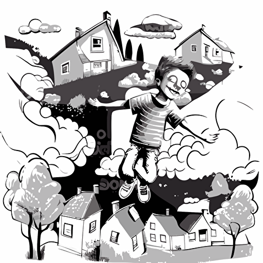 skinny Little boy flying above houses and trees higher in the sky . black and white vector illustration. Cheerful image. Short sleeves