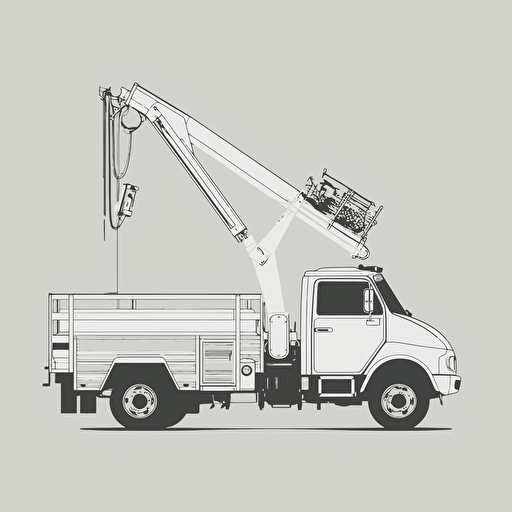 a flat, minimal, black and white, vector, outline only, bucket truck