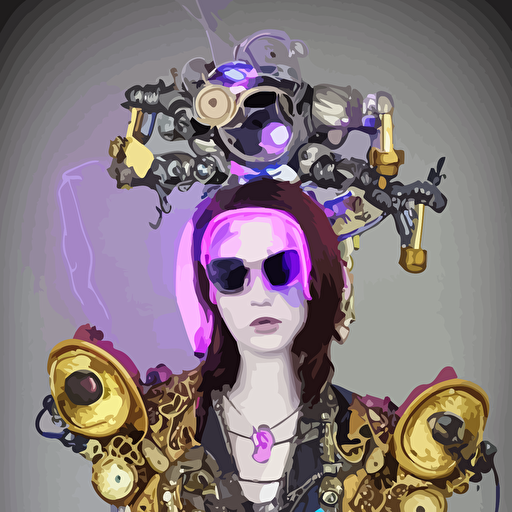 body porcelain baroque steampunk futuristic style sculpture young beautiful goddess half robot wearing cholo shades blue glowing lips mechanical fingers oozing neon radioactive liquid electric sparks glowing hot magenta laser beam eyes blue diamonds golden steampunk necklace glowing white crystal orb flowing pink satin industrial fabrics mechanical plants baroque steampunk elements length view baroque element intricate artwork caravaggio trending artstation octane render cinematic lighting right hyper realism octane render 8k depth field 3d