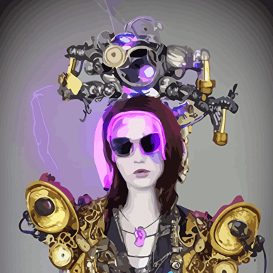 body porcelain baroque steampunk futuristic style sculpture young beautiful goddess half robot wearing cholo shades blue glowing lips mechanical fingers oozing neon radioactive liquid electric sparks glowing hot magenta laser beam eyes blue diamonds golden steampunk necklace glowing white crystal orb flowing pink satin industrial fabrics mechanical plants baroque steampunk elements length view baroque element intricate artwork caravaggio trending artstation octane render cinematic lighting right hyper realism octane render 8k depth field 3d