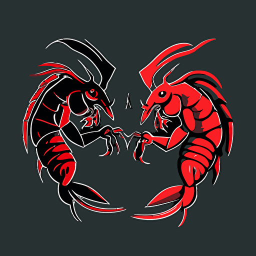 very simple logo for two dancing crayfish, red and black colors, vector flat, PNG, SVG, flat shading, solid background, mascot, logo, vector illustration, masterwork, 2D, simple, illustrator