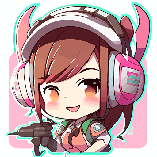 sticker, Overwatch, Happy D.Va chibi wearing Headohones, kawaii, contour, vector, white background