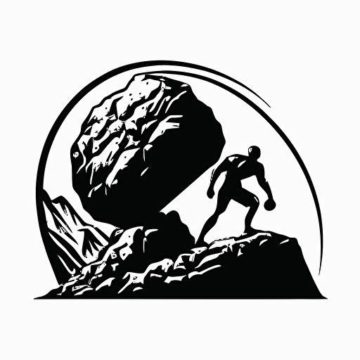 minimalist, retro, pictoral iconic logo of sisyphus pushing rock up a hill, black vector on white background