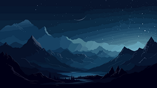 minimalist, simplistic, vector illustration of starry night sky, dark blue tones, mountains