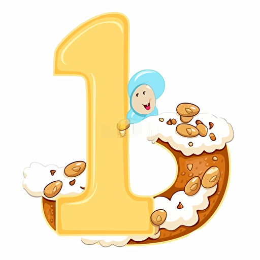 A cute cartoon number 1 built out of Almond, Cashew, Cod, Egg, Hazelnut, Milk, Oat, and Peanut representations, whimsical, cheerful, bright and colorful, vector, contour, white background