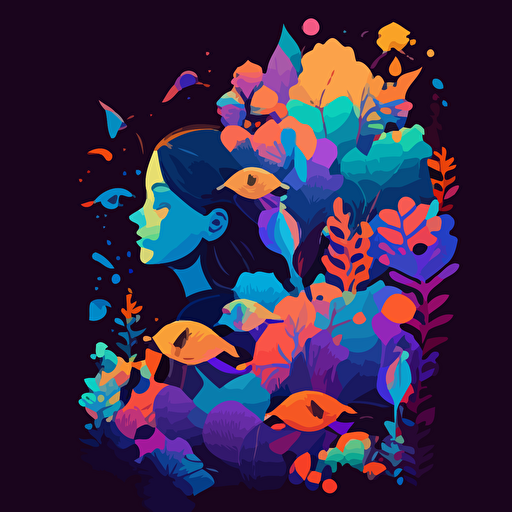 girl, Surrounded by flowers., Three fish next to the girl, Tyndall light effect, Absurd, Vector, A clean background, Gradient color, Modern minimalist illustration