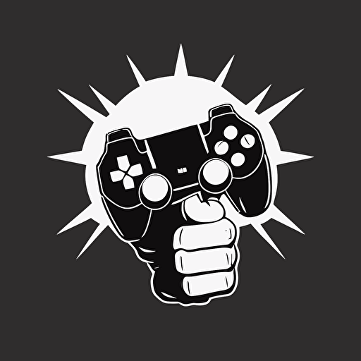 a fist holding a playstation controller, 5 fingers, flat 2d, vector style, super minimalist, simple, black on white background
