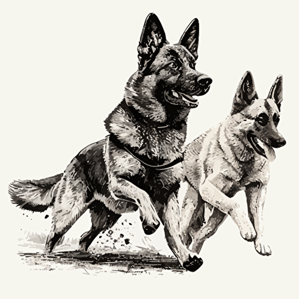 aggressive german shepherd and malinois, teech showing lunging forward, vector, high detail