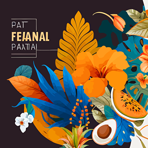 tropical plants flowers and latin Food FULL COVERAGE CORNER TO CORNER wallpaper design, no repeating patterns, NO TEXT, [blue, orange, brown, and gold colo scheme here]::3 modern, clean, design, vector, items, food, RTX
