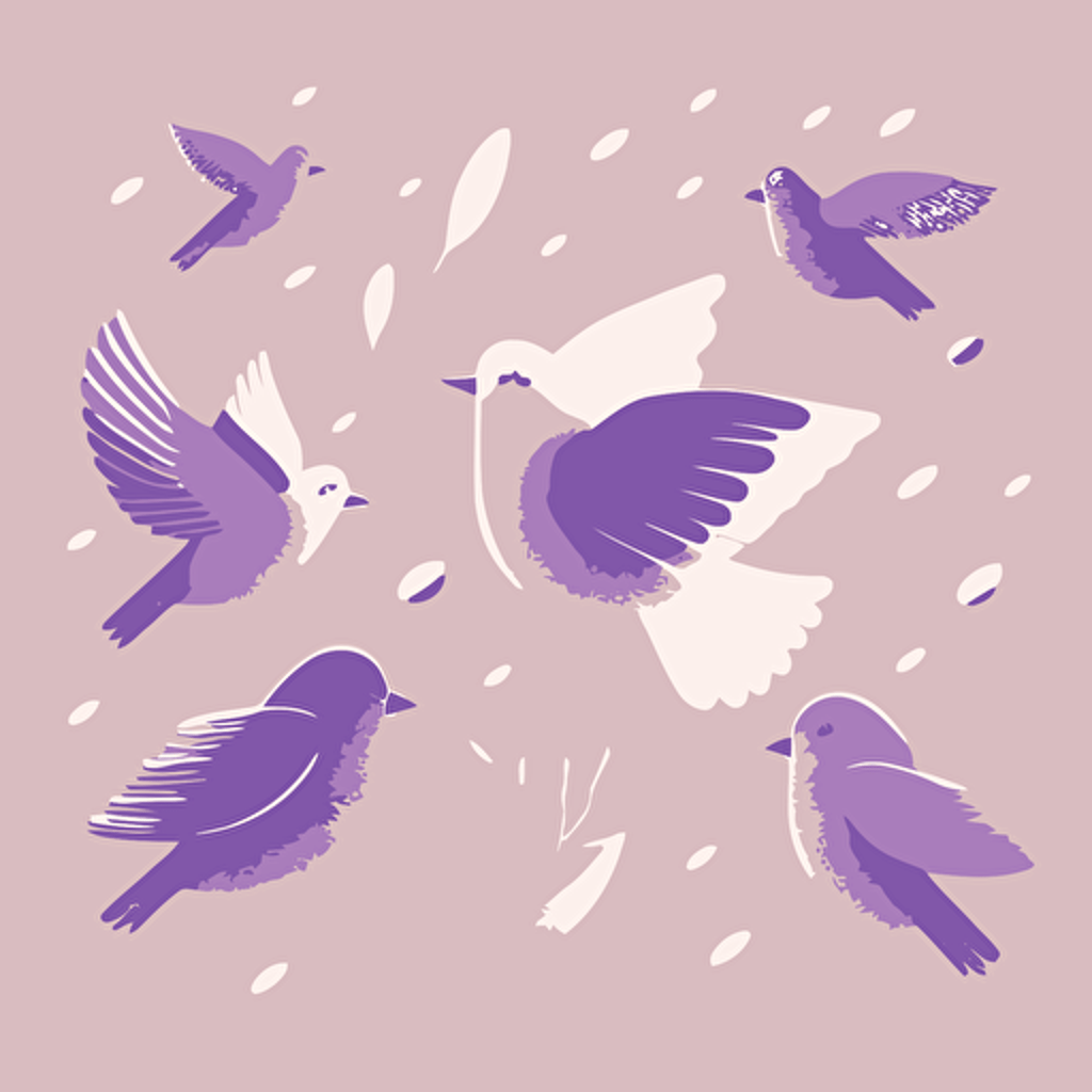 no stroke, light purple, organic shape, simplicity, birds flying high in the sky happily, very cute, flat, simple, illustration, pale color, low contrast, vector