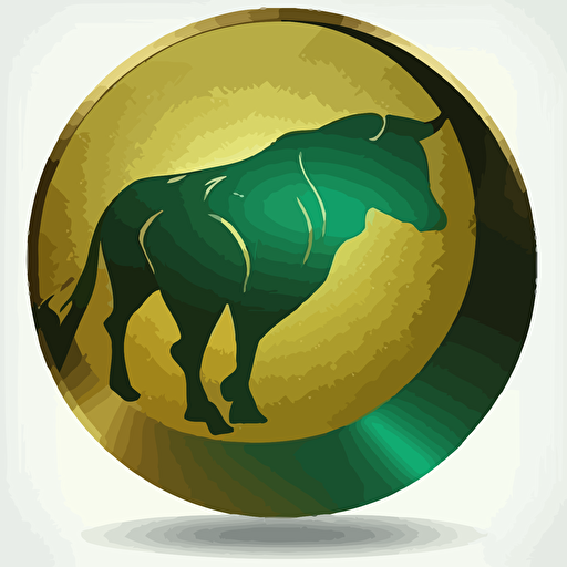 golden 2D green circle with wall street gold Bull silhouette inside, vector.