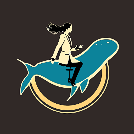 a committee logo of a young female doctor riding a whale, simple, vector