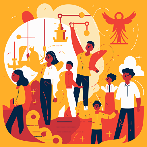 flat vector stylized illustration of children being defended by lawyers, youth justice, hopeful, surrounded by symbols of the law,