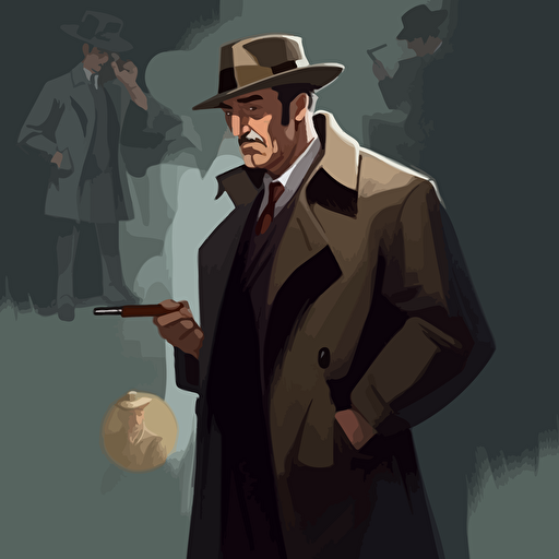 character concept art, trenchcoat, smoking man, lighting a cigarette, fedora hat, french man, vector art style