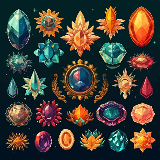 Collection of mythological cut jewels, hindu, translucent, shiny object, high detail, symmetrical, vector, cartoon