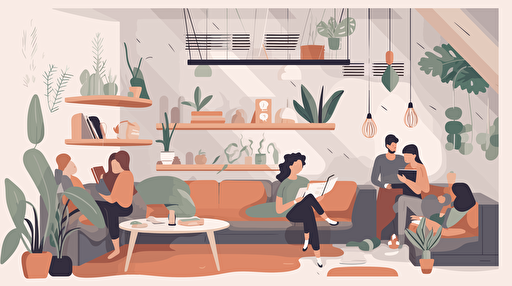 vector art of young 20 to 30 year old people inside a coliving space, men and women having fun and laughing, plants, books