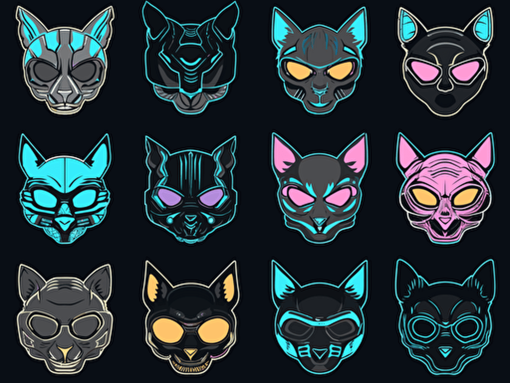 game sprite sheet of cyberpunk futuristic sci-fi masks for space-cats, collection sheet, 2d game sprite, asset store 2D flat cartoon drawing vector