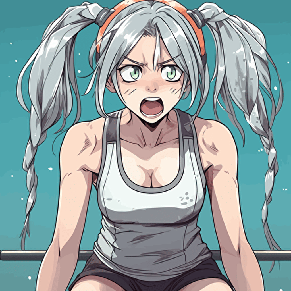 anime girl wearing sbd gear doing powerlifting exercices, facial expression displayed a strained expression, sweat dripping from the furrowed brow, tongue is out,