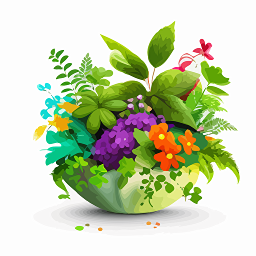 create a green planter full of amazingly colorful flowers vector style on white background