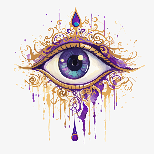 eye of horus, in the style of rococo whimsy, violet and gold, pop inspo, water paint drops, blink-and-you-miss-it detail, florence harrison, sparklecore, transparent background, vector