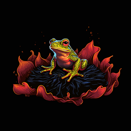 Frog on a lily pad floating on lava, Dark, digital art, contour, vector, black background