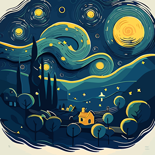 Create a flat design interpretation of Van Gogh's "The Starry Night," using simple shapes and a limited color palette in a vector art style.
