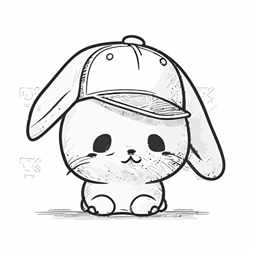 cute, happy bunny wearing a baseball hat, contour, vector, white background, clipart