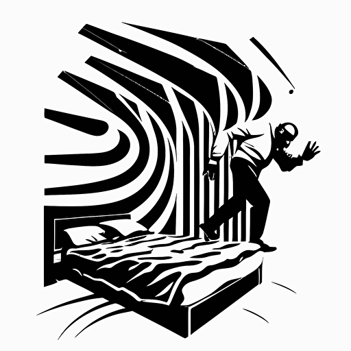 logo design of a man Slips back and falls out of his bed, 2d vector art, black and white,